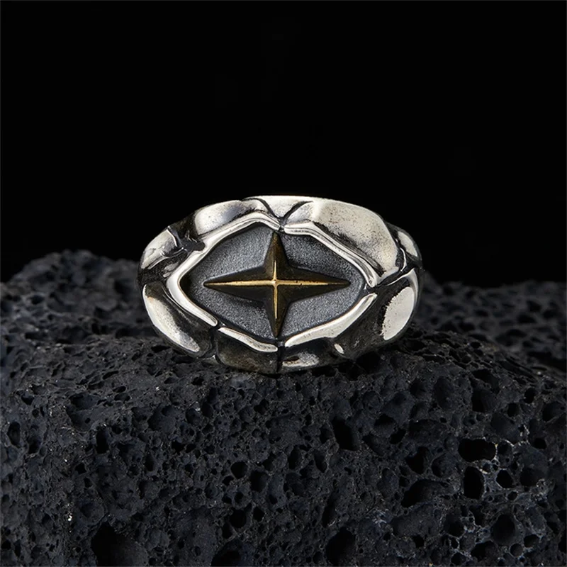 Anillo de Plata de Ley 925 para hombre, sortija con diseño de estrella clásica, piedra de grieta, joyería de talla abierta, a la moda