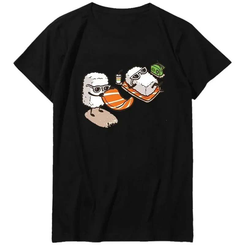 

O-Neck Shirts High Tops T-Shirt Harajuku Streetwear Funny Cartoon Sushi Black White Short Sleeve Summer Streetwear T-Shirt