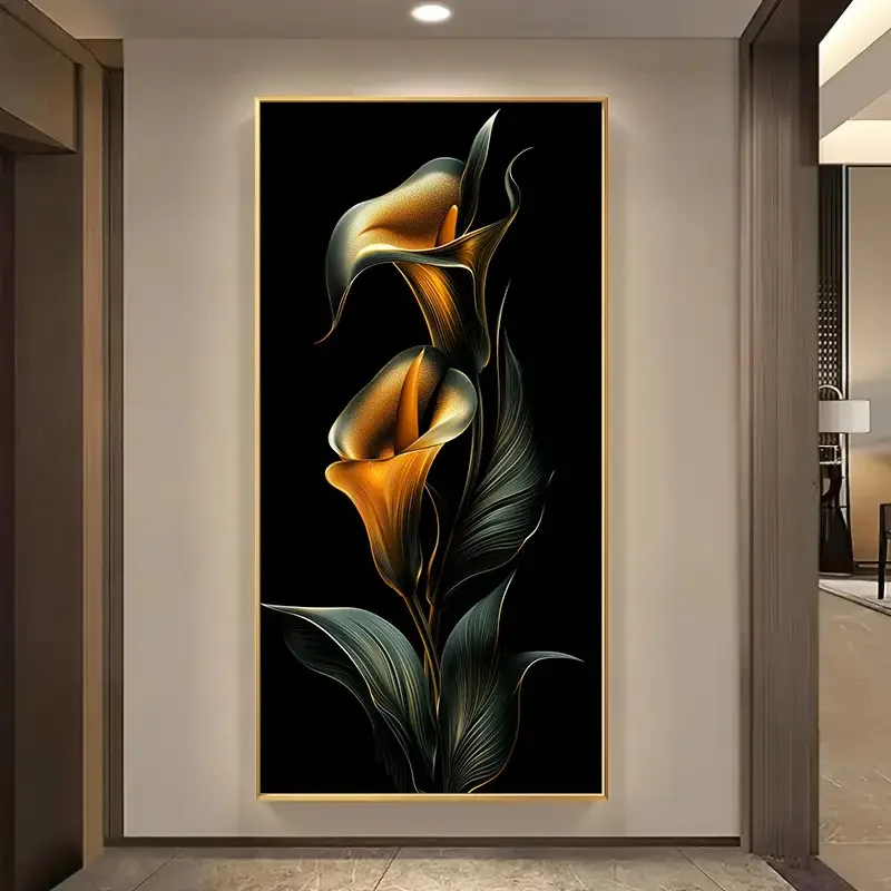 1pc 27.56x55.12in Frameless Modern Abstract Golden Calla Lilies Canvas Wall Art - Black Background with Golden Yellow & Dark Bro