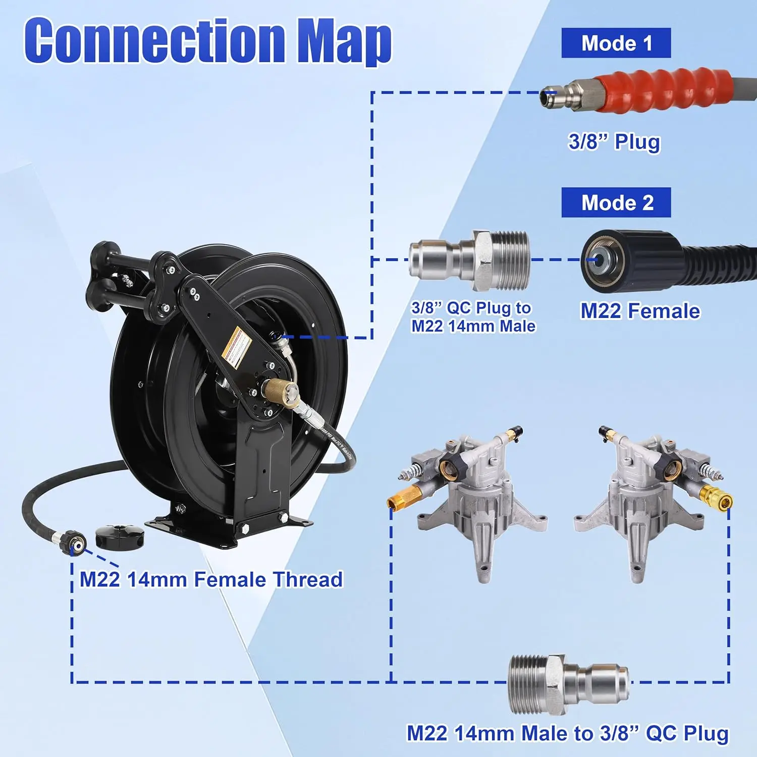 High Pressure Washer Hose Reel Steel Dual Arm Auto-Retractable Power Wash Hose Reel