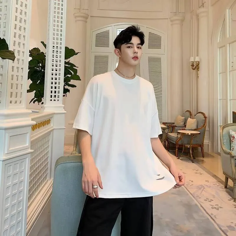 

And Cut Hole American European T-Shirts Men's Summer Casual Short Sleeve Men's Back Slit Hip Large Size Half Sleeve Trend