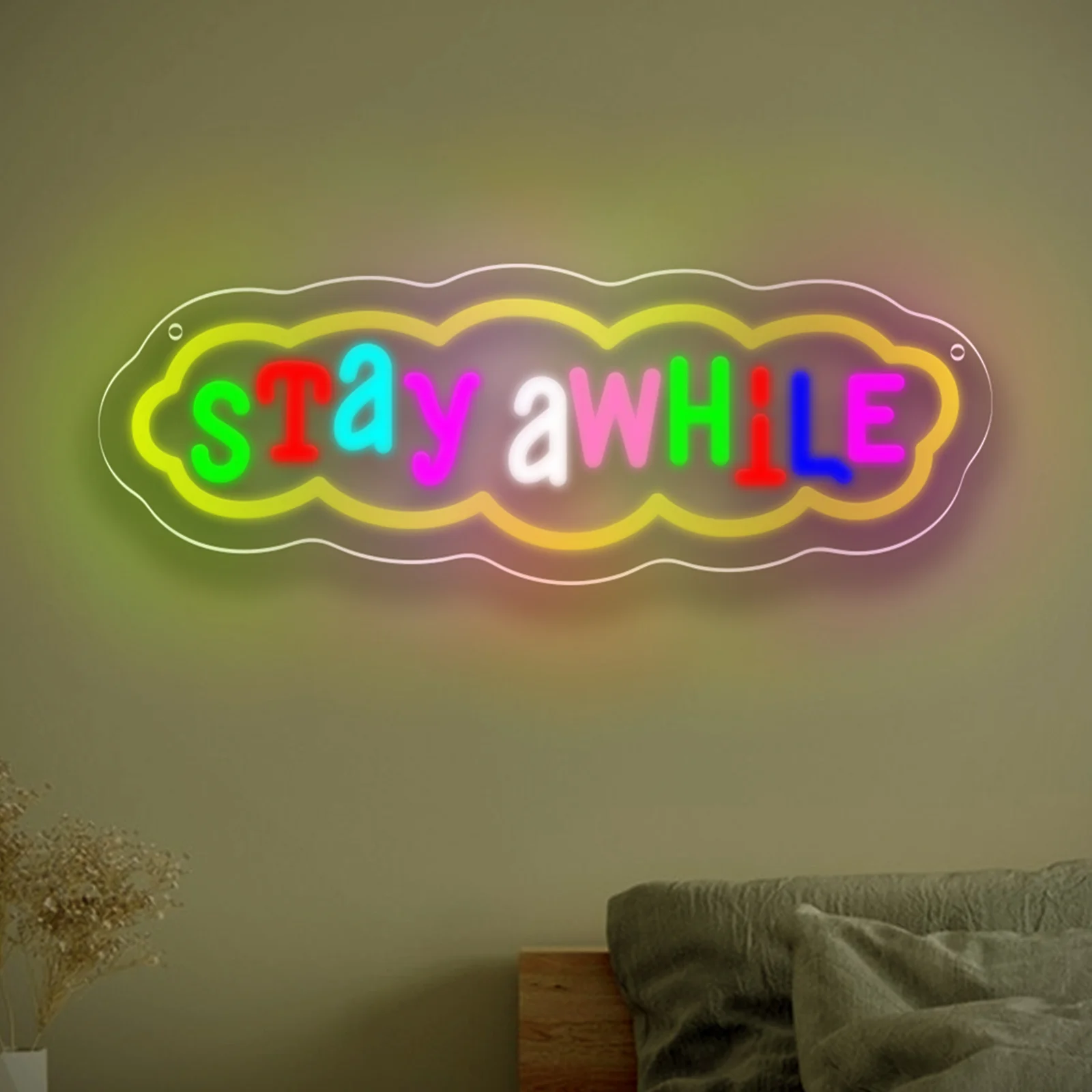 STAY AWHILE Neon Sign USB Power LED Neon Light for Bedroom Man Cave Game Room Party Store Cafe Library Wall Decor Festival Gift