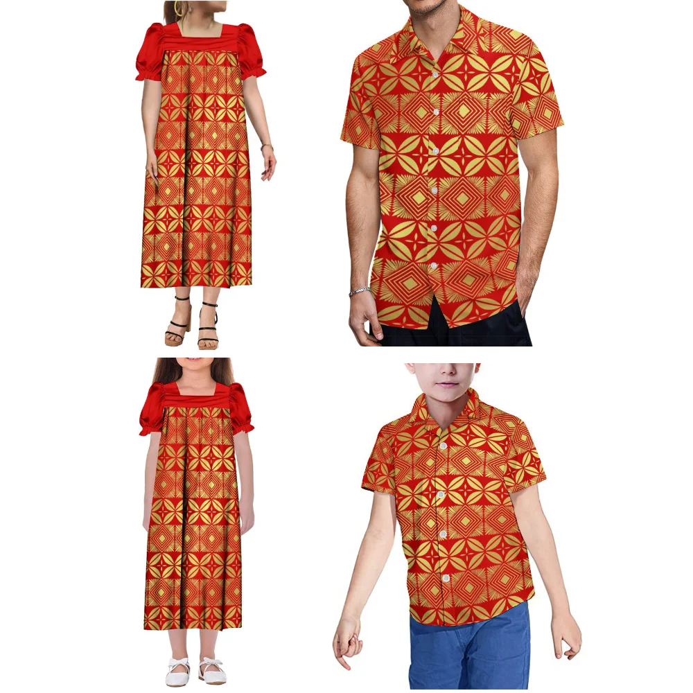 Sommer-Familien-Set, polynesisches Stammesmuster, individuelles Mutter-Tochter-Mumu-Kleid, lässiges Vater-Sohn-Freizeithemd-Oberteil