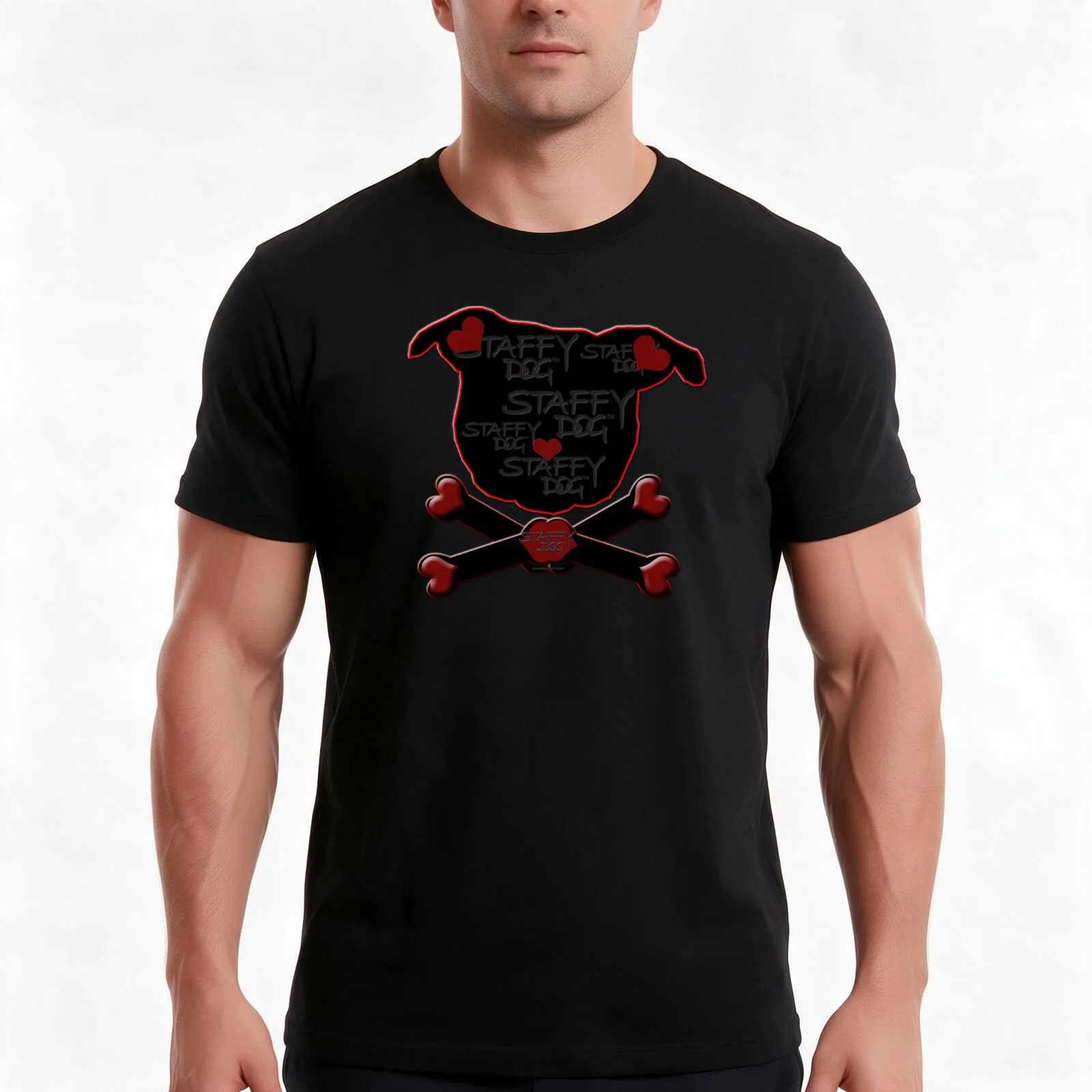 Staffy Dogs Head and Crossbones of Love and Protection T-Shirt, Summer Casual Cotton Tee, Oversized Streetwear Tops, 100% Cotton