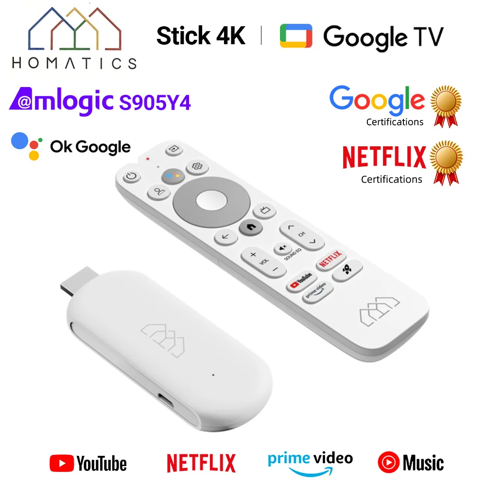 HOMATICS 4K TV Stick Netflix Google Certified 2GB LPDDR4 32G ROM Amlogic S905Y4 Support Dolby Atmos H.265 2T2R Wifi Google box