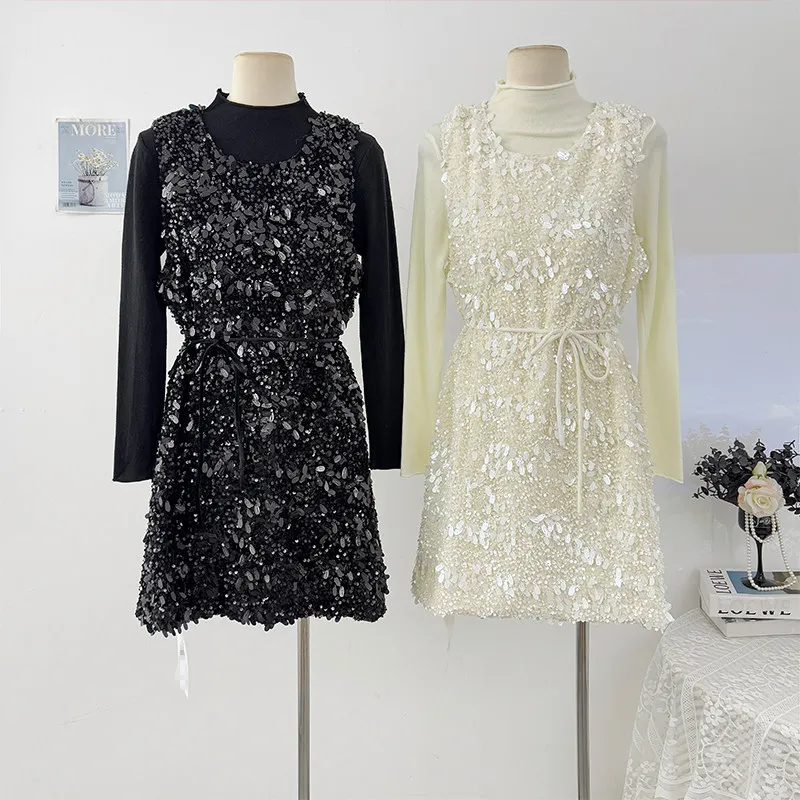 Women Sparkling Glitter Strap Vest Dress for Spring Autumn New Half High Collar Long Sleeve T-shirt Sling Dresses Two Piece Set