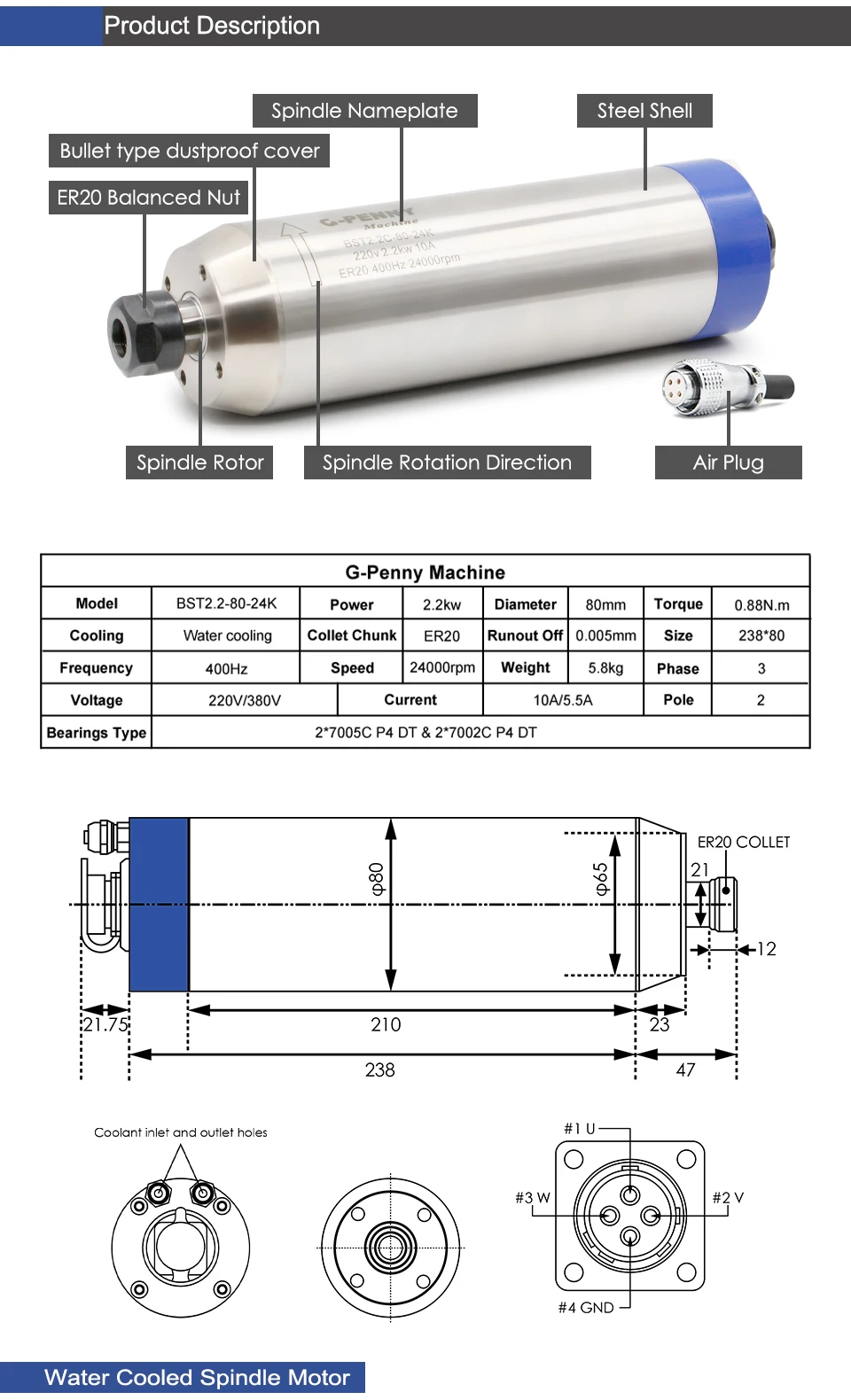 G-Penny 2,2KW ER20 Bullet Wassergekühlte Spindel 220V 380V 4 Keramiklager HY VFD 80 Klemmung Wasserpumpe CNC Fräsen Holz Stein Al – Detail 3