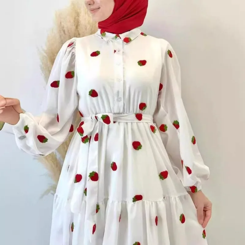 Women 2025 Spring Lapel Fruit Printing Dress Lantern Sleeves Waist-Cinched Ruffle Hem Long Dress Elegant Feminine Style