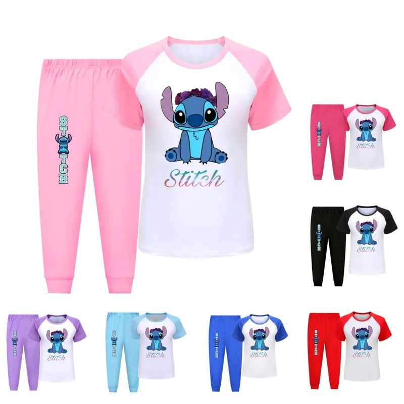 

Summer Disney Cartoon Children'S Pajamas 2-Piece Set Kawaii Stitch Printed Pullover Casual Short-Sleeved Pants Home Pajamas Gift