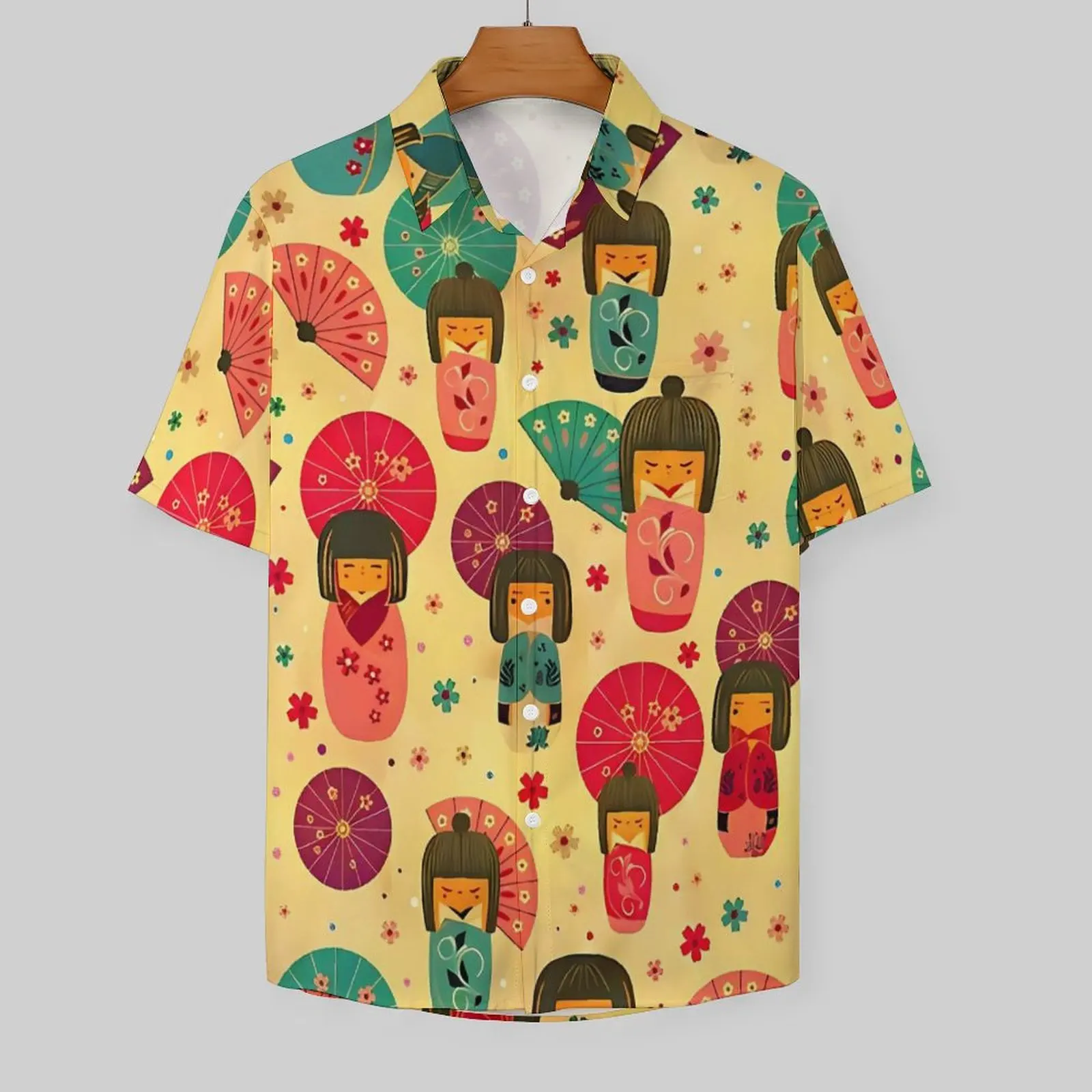 Hawaiian Shirt Beach Cute Japanese Dolls Blouses Kokeshi Pattern Elegant Casual Shirts Men Short Sleeve Breathable Oversized Top