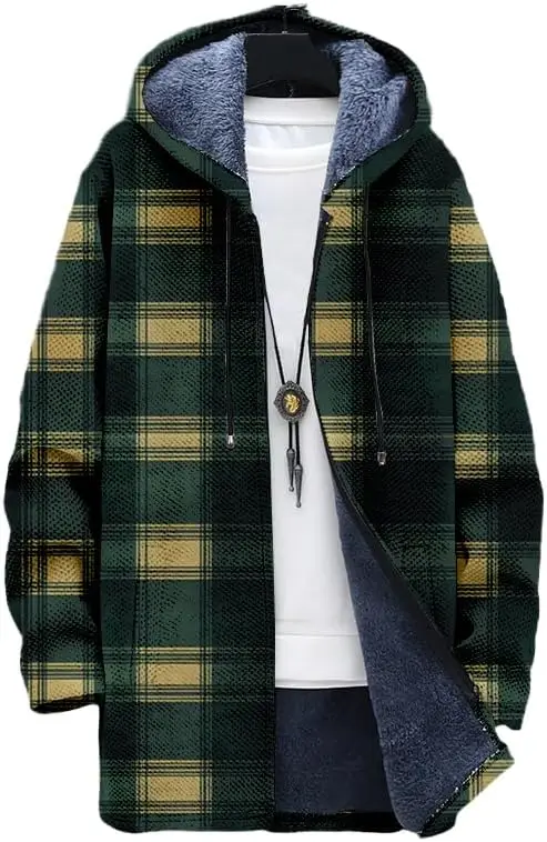 سترة رجالية منقوشة كبيرة الحجم بغطاء للرأس مبطنة بالصوف وسحاب شيربا معاطف شتوية مريحة مع جيوب