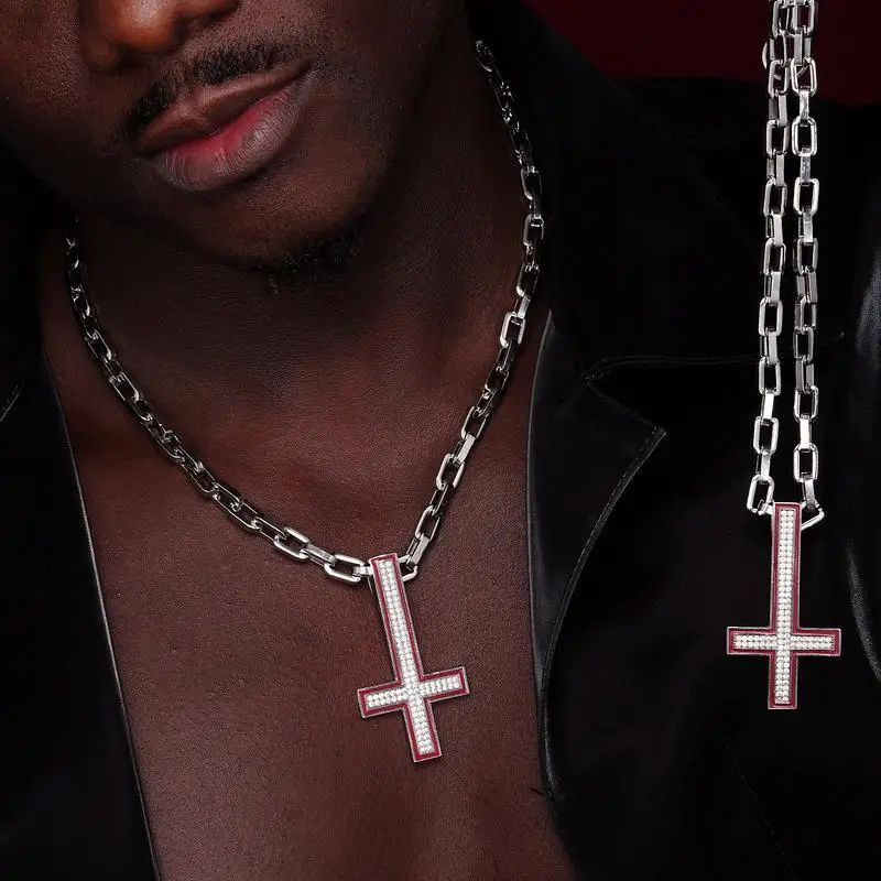 Inverted Cross Zircon Diamond Necklace Hip-Hop Religious Classic Christian Male Jewelry