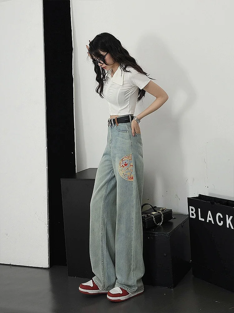 

Джинсы женские летние с высокой талией, широкими штанинами, свободного кроя, длиной в пол, с вышивкой в китайском стиле, из денима