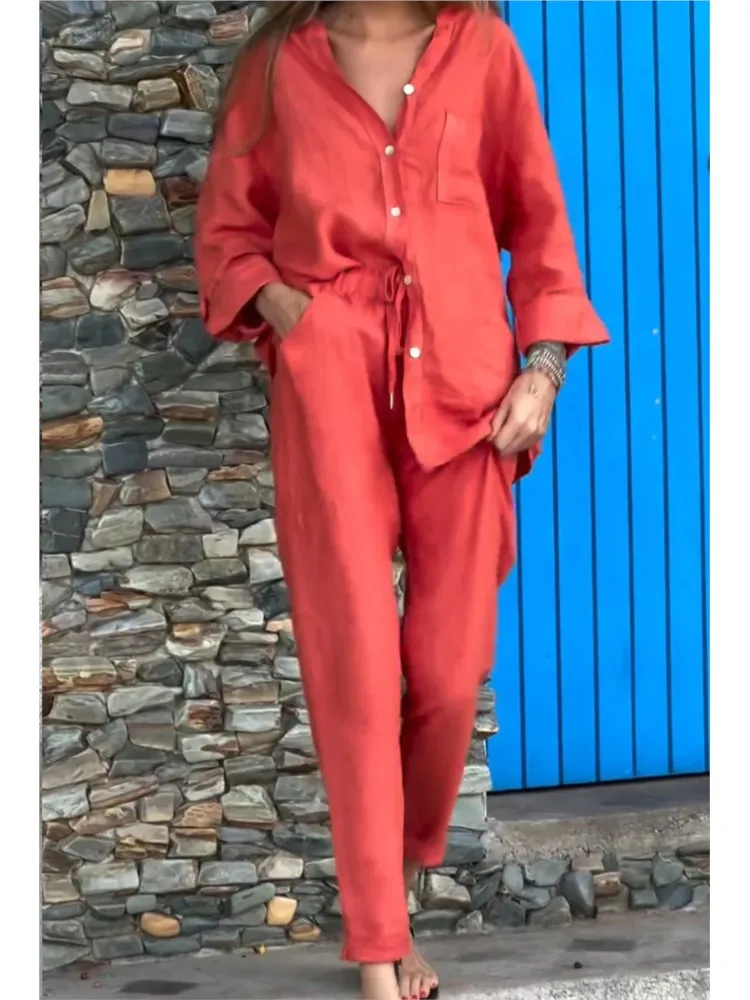 Causal Linen With Pocket Shirt Pants Suits Women Wide Leg Pants Long Sleeves Shirt Sets Ladies Loose High Street 2 Piece Outfits