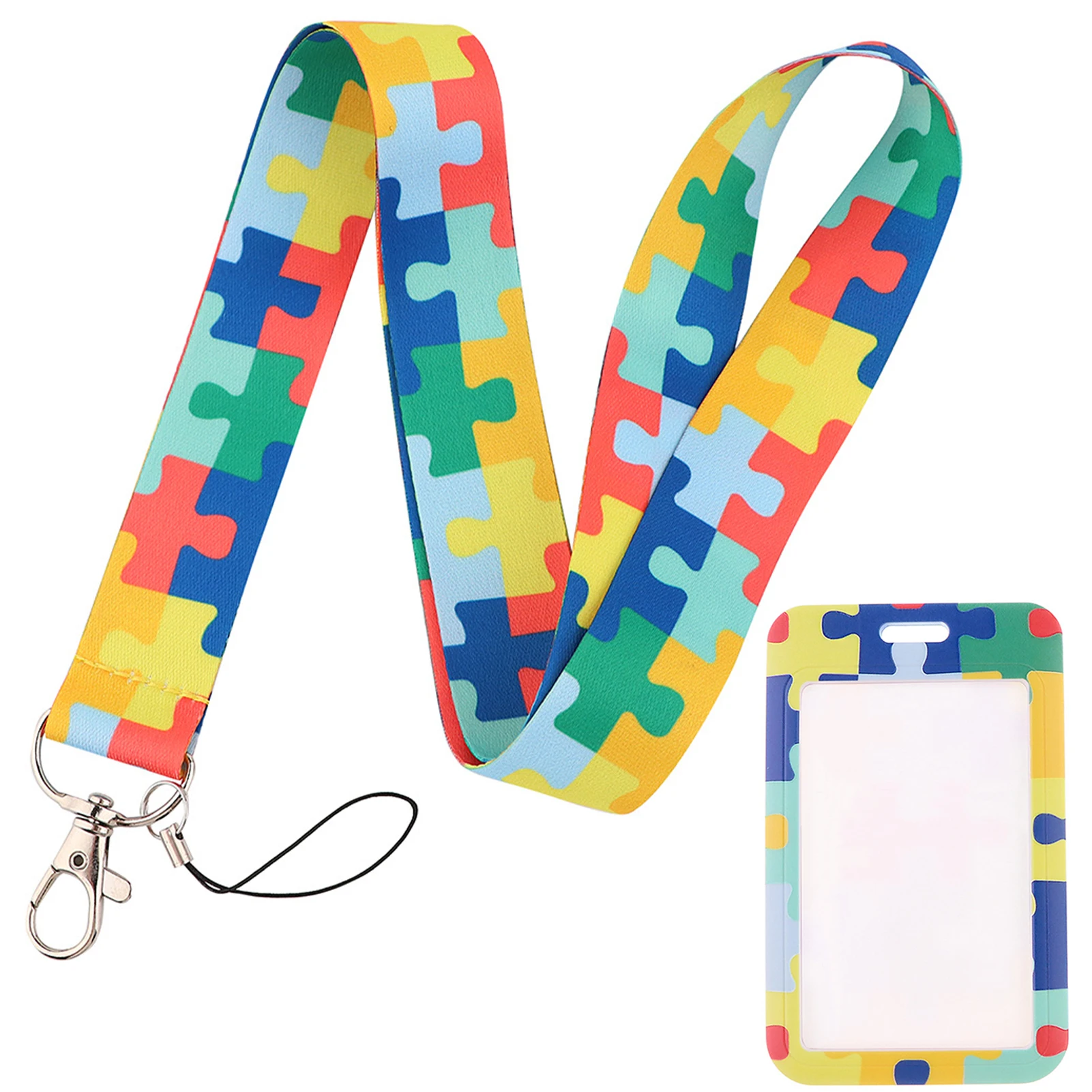 Card Holder Security Autism Awareness Kids Removable Reusable Outdoor Women Men With Lanyard Practical Portable Colorful Puzzle