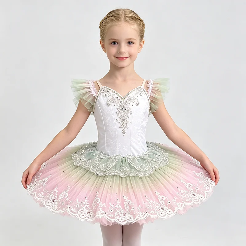 Traje de ballet profesional para mujer, tutú con cuello en V, tirantes finos, jacquard blanco, degradado macaron, mangas con volantes, con pedrería completa.