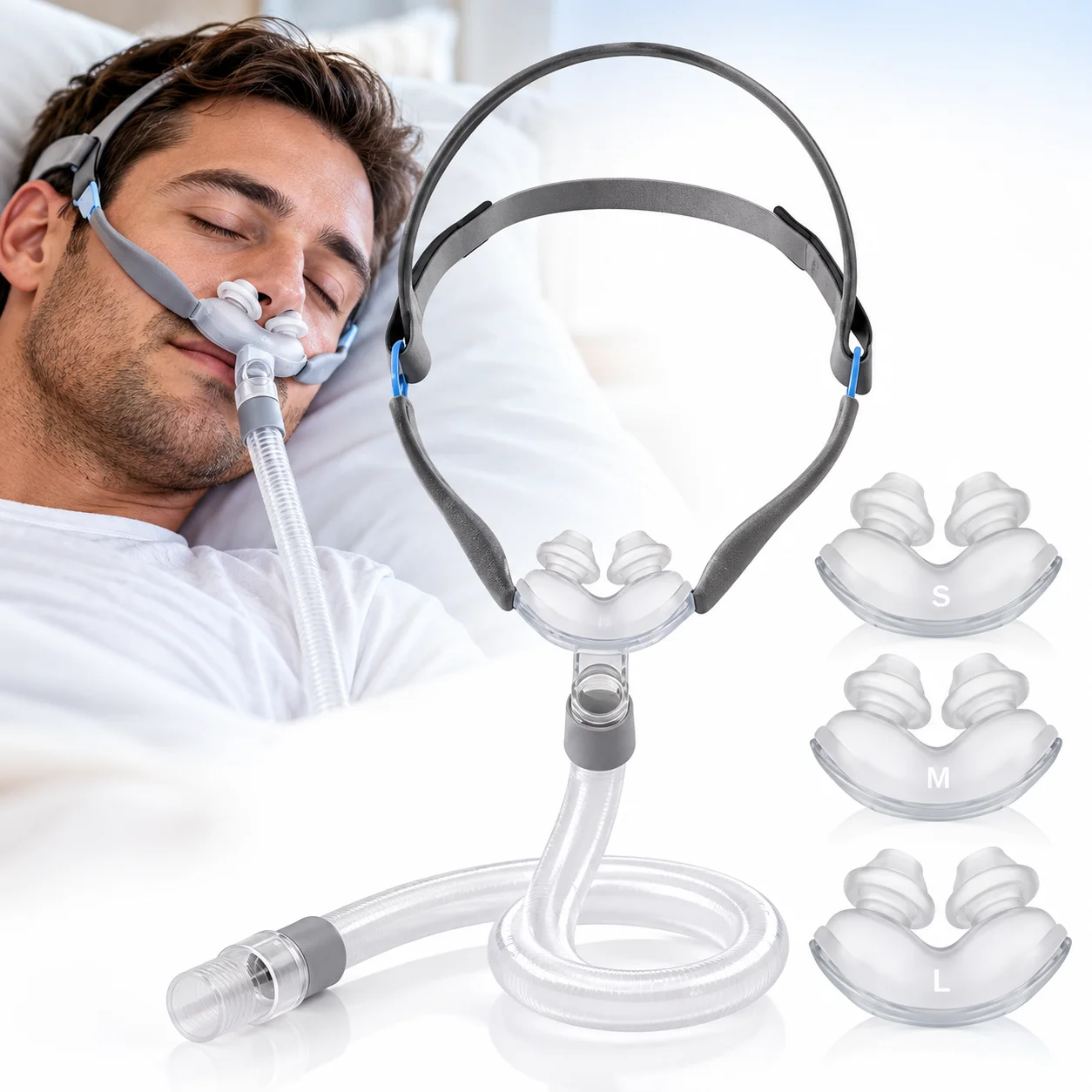 Universal Nasal Pillow Mask Set for CPAP & BiPAP Machines S/M/L Sizes Detachable Headgear and Frame, Comfortable Lightweight Fit