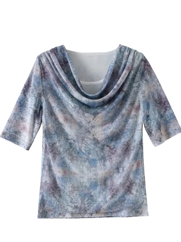 ファッションレディグラデーショングレー tシャツ女性スリムボディメッシュトップス