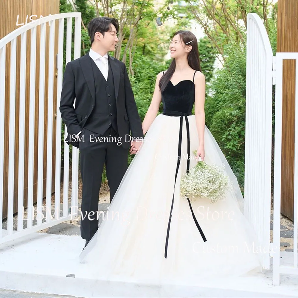 

LISM Simple Black White Korea Evening Dresses A-line Draped Spaghetti Strap Bridal Gown Floor Birthday Party Dress Photo Shoot