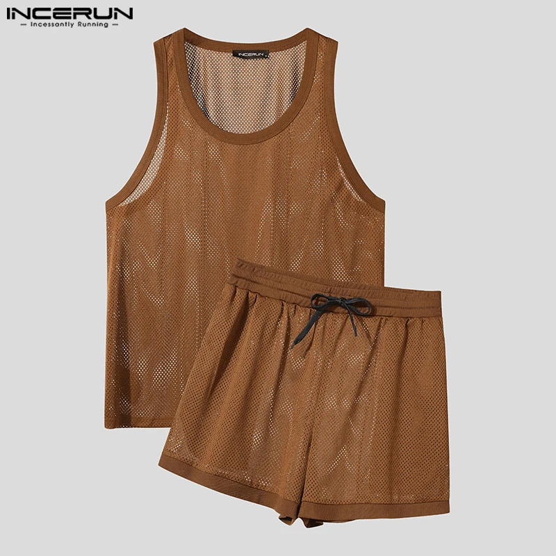 

Mesh Men's Sets Fashion Solid Color INCERUN Summer Sleeveless See-through Tops Tee Tank Shorts 2PCS Two-piece Suits Streetwear