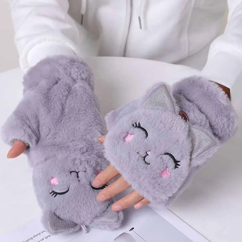 

Fashion Women Plush Winter Warm Gloves Fur Rabbit Cat Mittens Flip Fingerless Gloves Soft Girls Thick Glove Flexible Half Finger