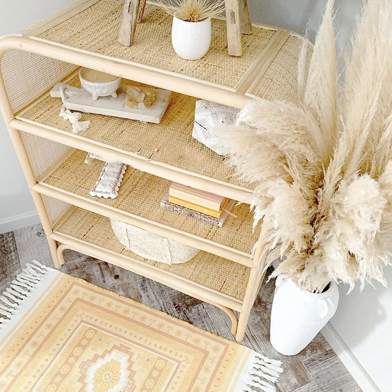 Nordic rattan woven three story bookshelf, bedroom floor storage display cabinet, household movable storage rack