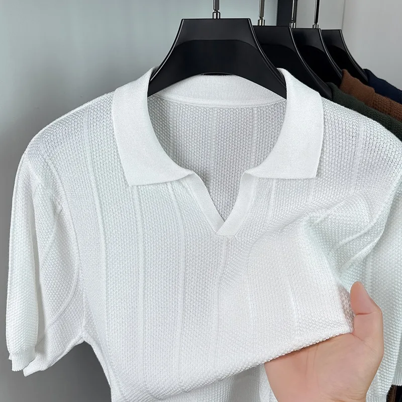 Spring Summer Light Luxury Short Sleeved V-neck T-shirt Men's Trendy Fashion Knitwear Casual Business Social Office Polo Shirts
