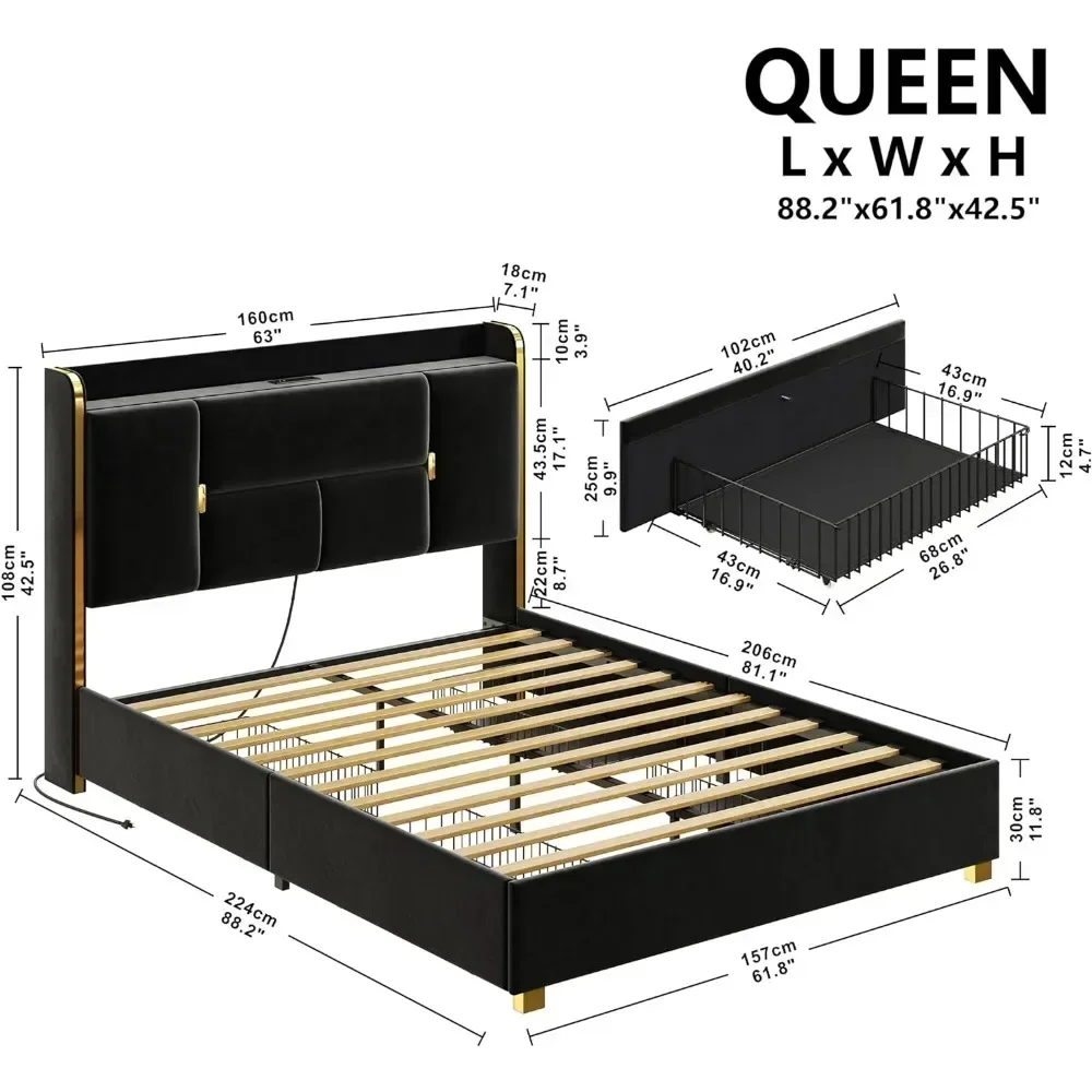 for Queen Size Bed Frame, Upholstered Storage Headboard with Charging Station, Solid Wood Slats, No Box Spring Needed, Bed Frame