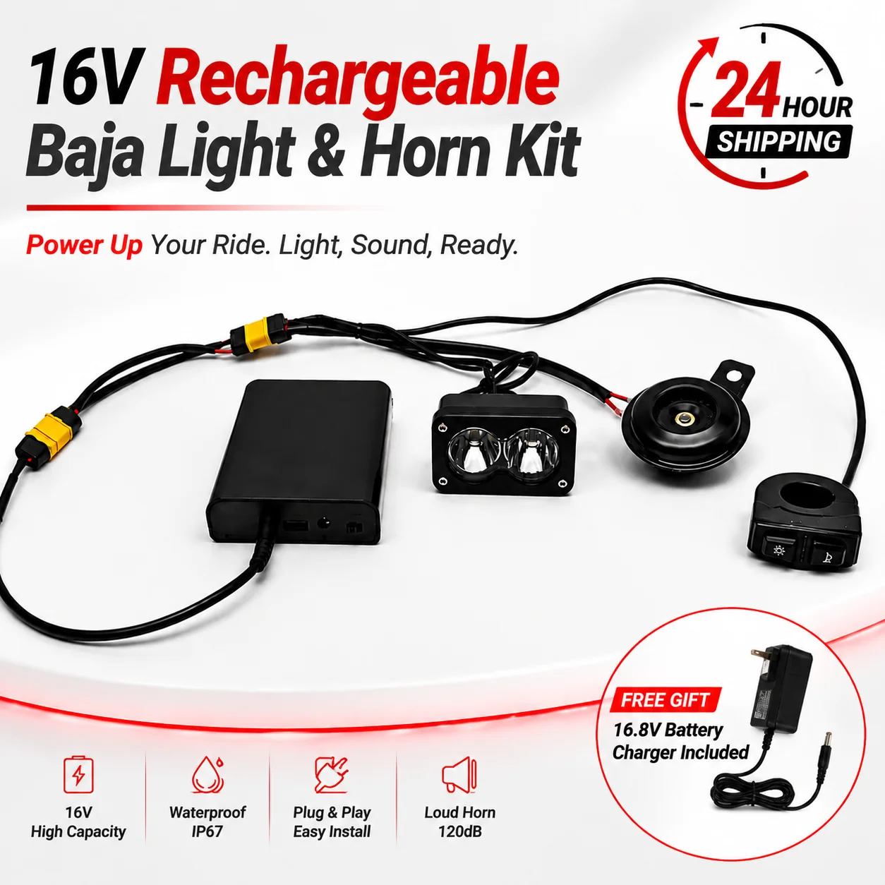 Wintai 16V Rechargeable Battery Box Baja Light Front Headlamp Kit 18W 1836 Lumens MR60 Connector Horn Plug Play Motorcycle LED