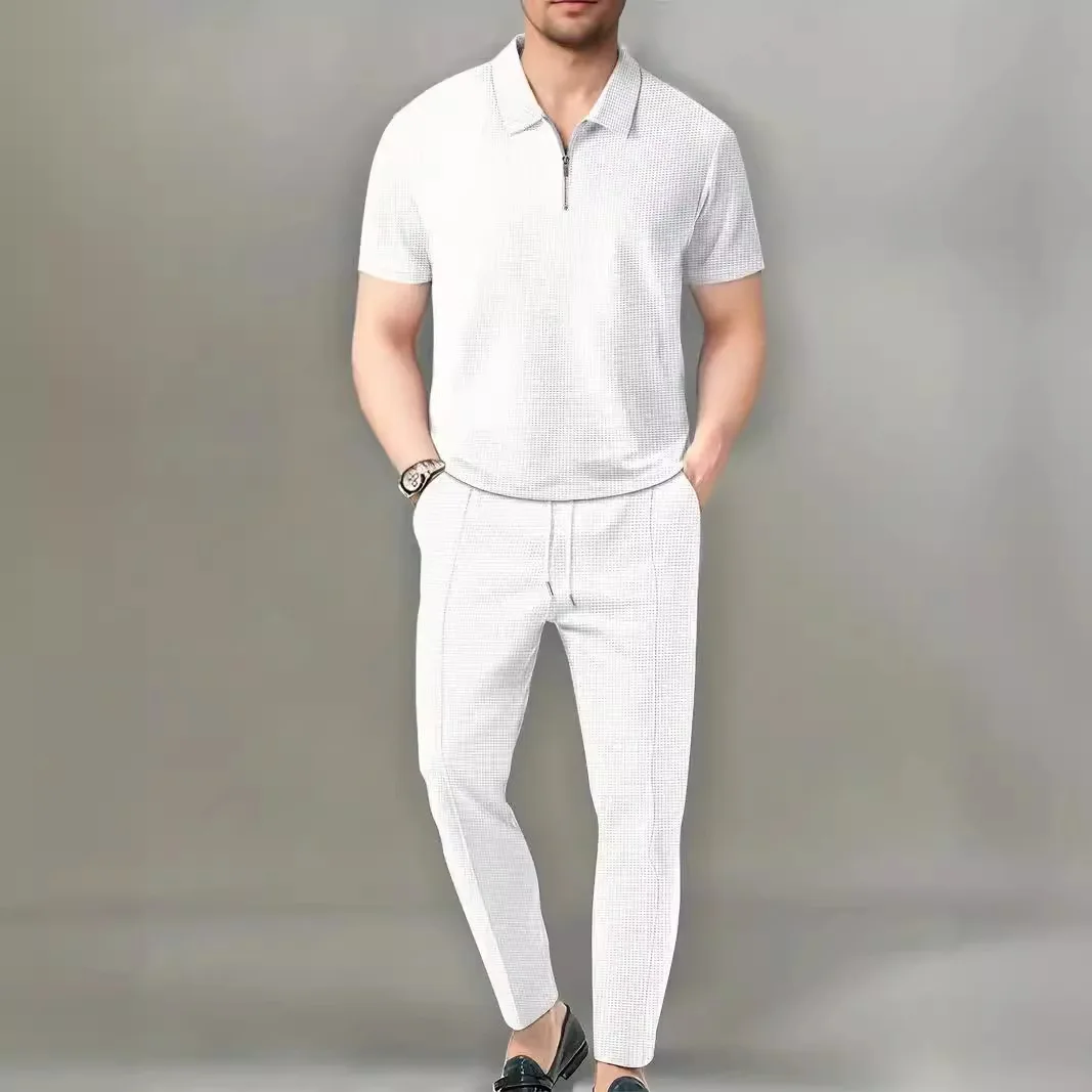 2024 Spring/Summer New Men\'s Set European-style Plus-size Men\'s Clothing Solid Color Lapel T-shirt And Pants Two-piece Set