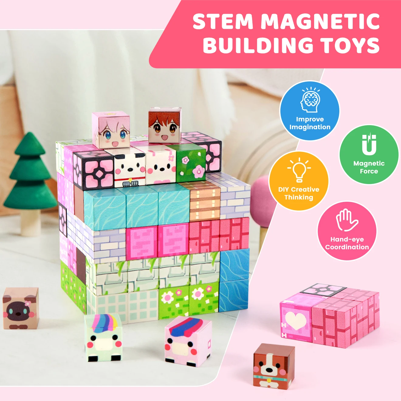 ZHENFINITY 100 SZT. Magnetyczne Klocki STEM Różowy Las Park Tematyczny Prezent Edukacyjny dla Dzieci |   Prezent na urodziny i Boże Narodzenie