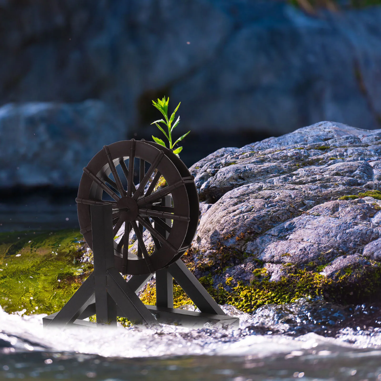 1 Juego de soporte de rueda de agua de plástico, 15CM de diámetro, 20,5x14,5x22CM, fuente negra DIY, Mini fuente de agua, rueda, decoración de paisaje