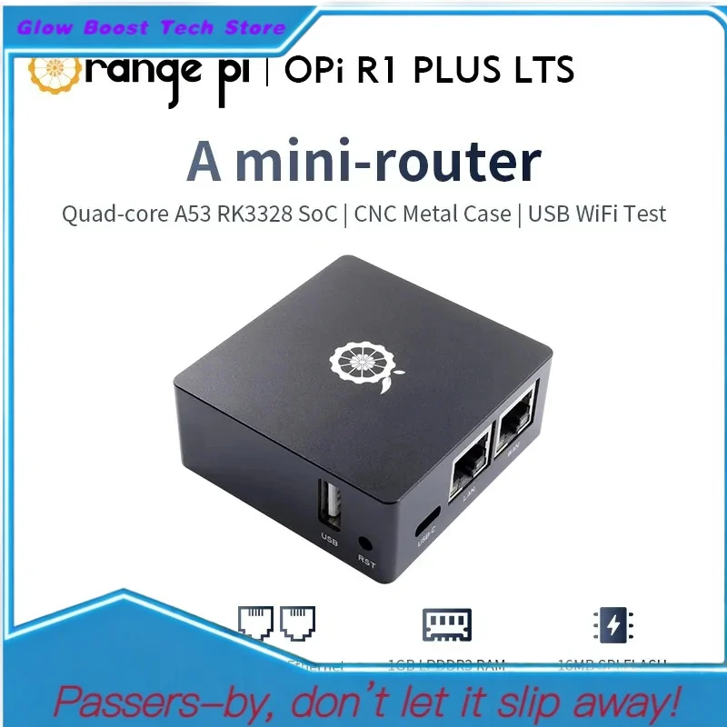Glow Orange Pi R1 Plus LTS 1 GB RAM RK3328 SBC Single Board Computer Dual Gigabit OpenWrt montiert mit Metall Sot Ro