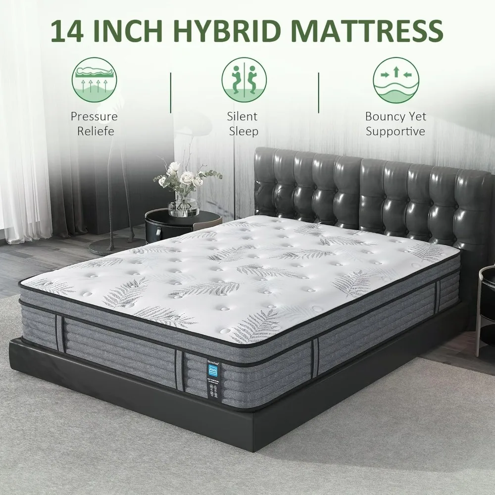 14 Inch King Size Hybrid Mattress/Breathable Soft Knitted Fabric Cover/Comfort Firm Support/Heavier Coils for Durable Mattress