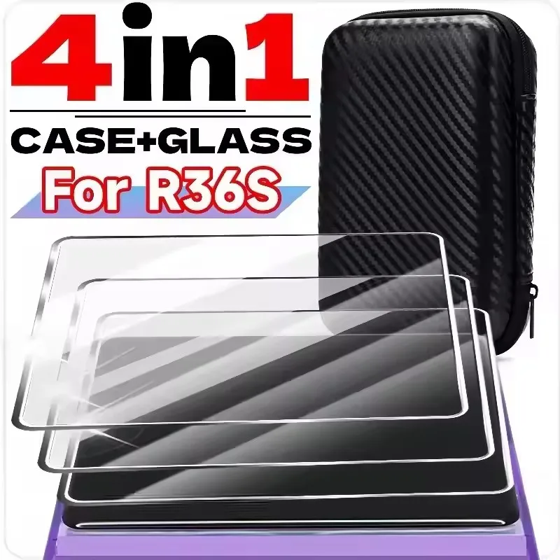 

4in1 Bag+Films for R36S Game Console Carrying Storage Case With Lanyar Tempered Glass for R36S Screen Protector Anti-Scratch Kit