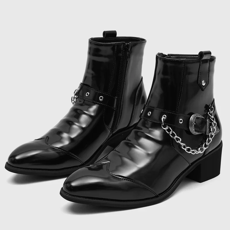 Mens Black Pointed Toe Mid Calf Boots Warm Lined Side Zipper Botas Fashion Ankle Boots for Man Versatile Business Shoes Sneakers