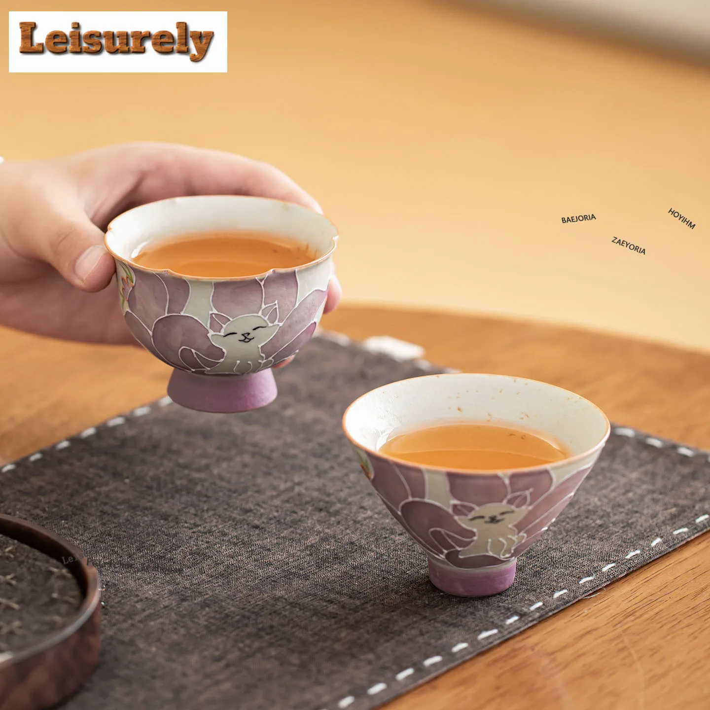 HOYIHM 70ml Hand-painted Purple Nine-tailed Fox Teacup Zen Tea Bowl Set of Cups Tea-tasting Meditation Cup Chazhan Master Cups