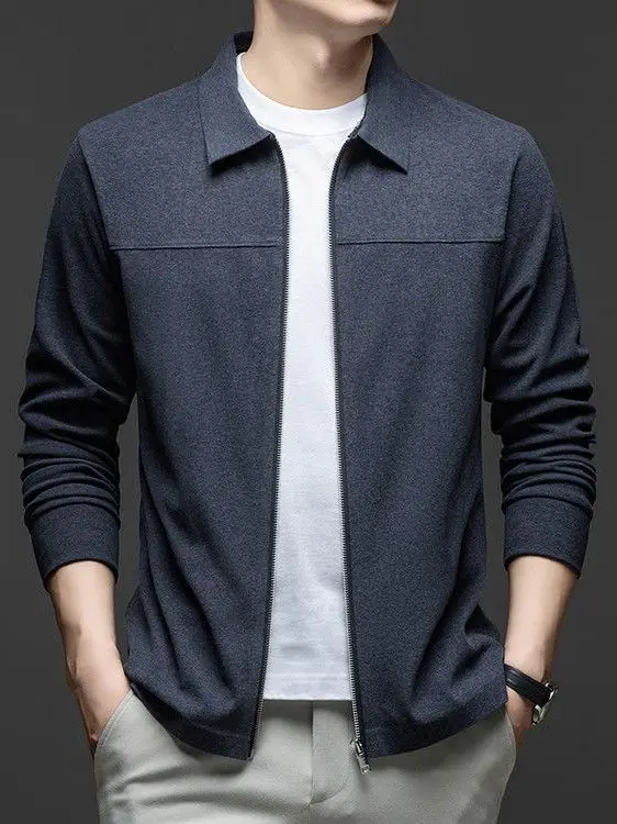 

Мужской вязаный шерстяной кардиган на молнии с воротником, повседневный, весна-осень-зима, новый, универсальный, из полиэфирного волокна, с длинными рукавами