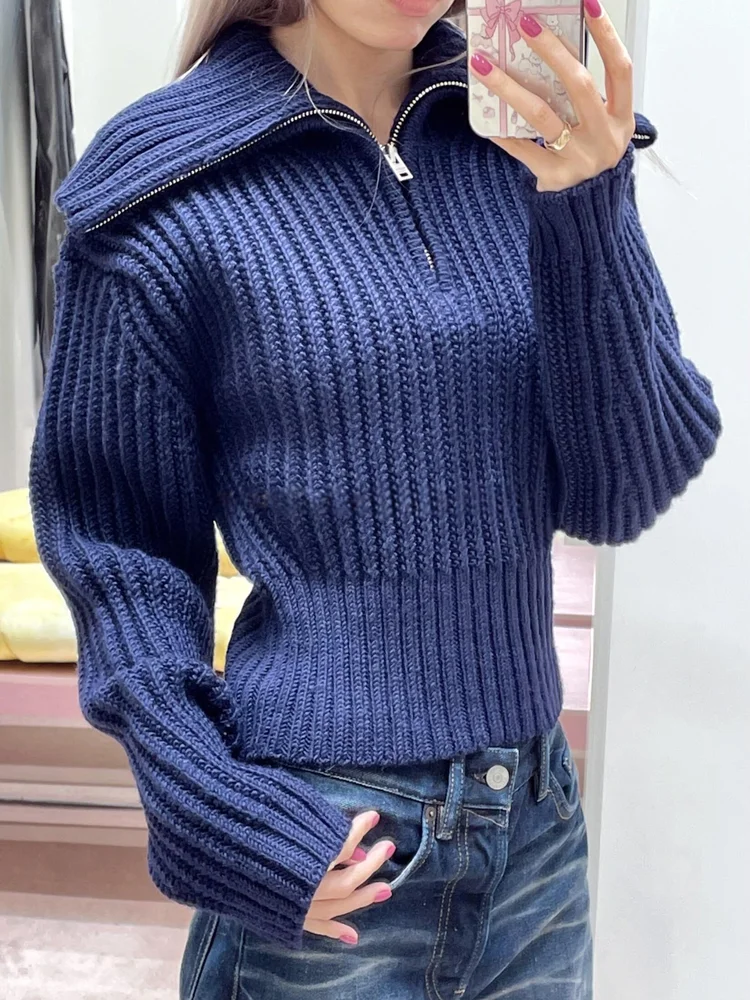 

American Sle Small Cros 996 f Zip Large Collar Knitwear Deep Blue Retro ort Waist Inward Sweater Women