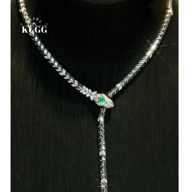 KUGG 100% 18K White Gold Necklace Women Fashion Snake Shape Luxury Diamond Natural Emerald Gemstone Necklace High Party Jewelry