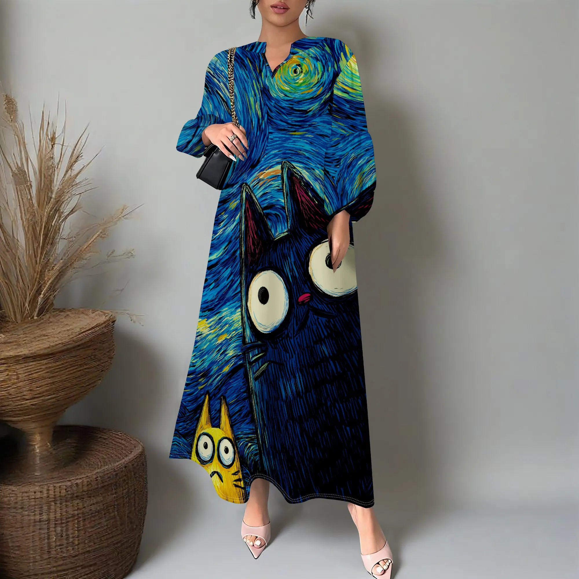 

Women's Starry Night Cat Print Maxi Dress XS-3XL, Van Gogh Art Bohemian Long Sleeve Loose Fit V-Neck Casual Streetwear Dress