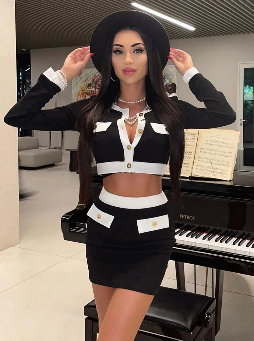 Ailigou Free Shipping 2022 New Summer Chic Color Block Button Design Two Pieces Set Celebrity Party Club Bandage Suit