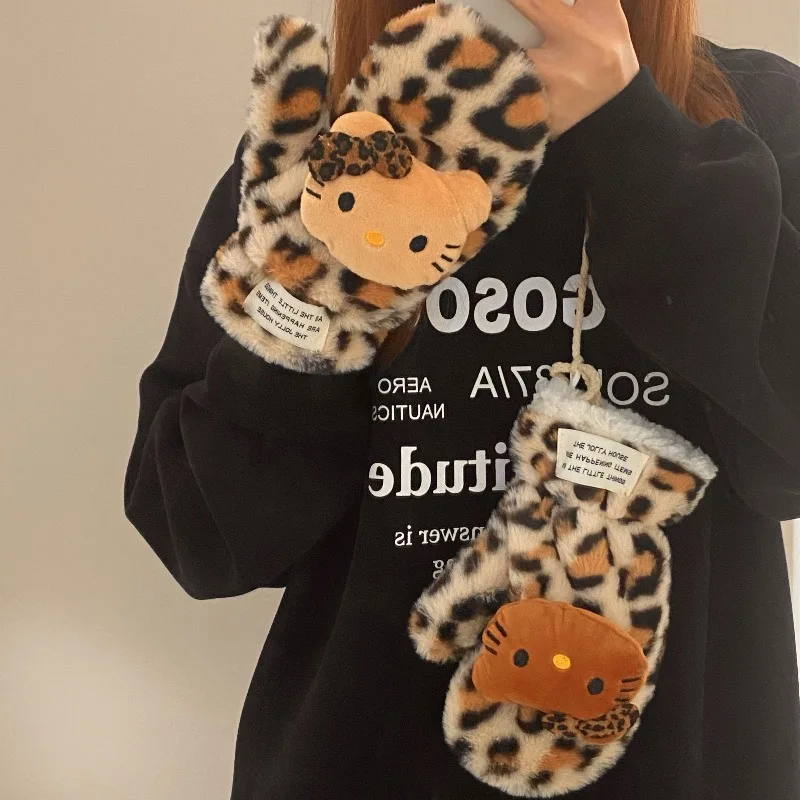 NEW Hello Kitty Plush Leopard Print Gloves Kawaii Neck Scarf Sanrio Thick Cold-Proof Warm Glove Autumn Winter Christmas Gift