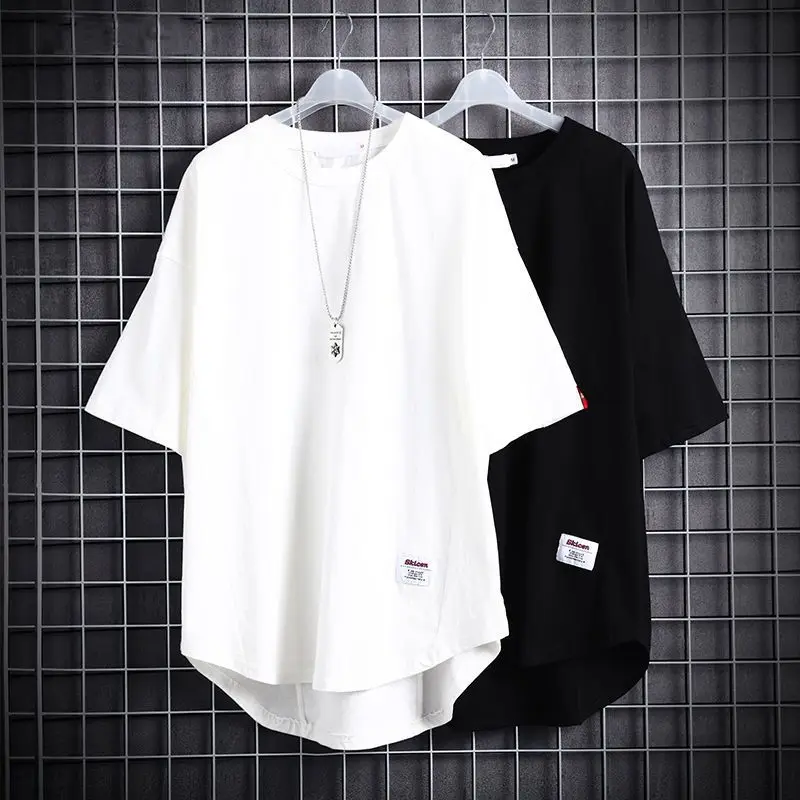 summer O neck solid color oversized tee male short sleeve loose casual all-match pullovers men korean fashion irregular t-shirt