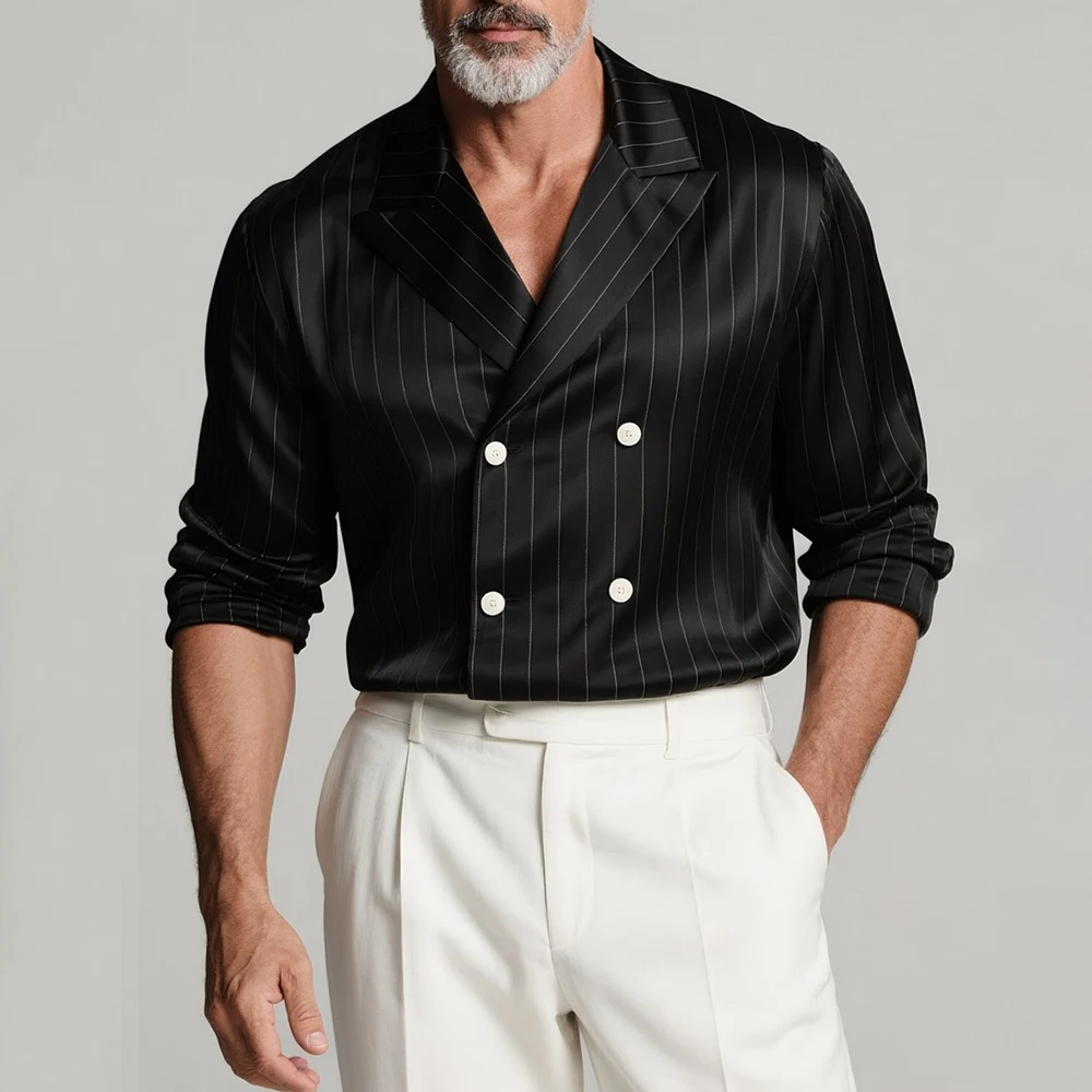 Men's Black Striped Double Breasted Shirt Lapel Collar Long Sleeve Satin Silky Button Elegant Shirts Casual Party Nightclub Tops