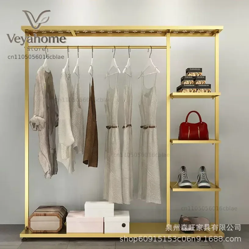 Mobile Garment Display Rack, Gold Clothes Rail w/ Bottom Shoe Shelf & 4 Tier Bags Shelf