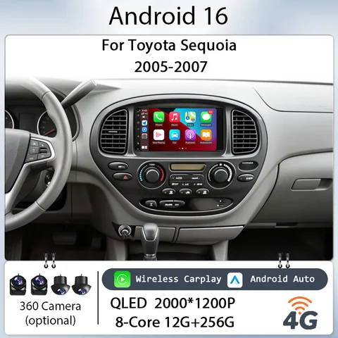 Car Stereo IPS HD Touch Screen Head Unit Audio 9" Android 16 Wireless CarPlay GPS Navi BT WiFi DSP for Toyota Sequoia 2005-2007