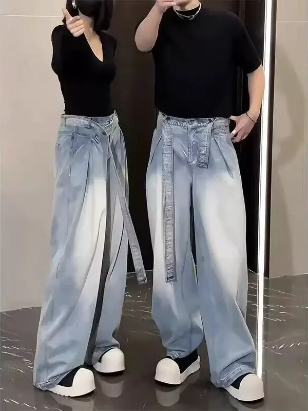 Calças Jeans de Perna Reta Solta com Lavagem Gradual, Cintura Alta e Cinto, Casuais, para Homens e Mulheres, Moda Jovem