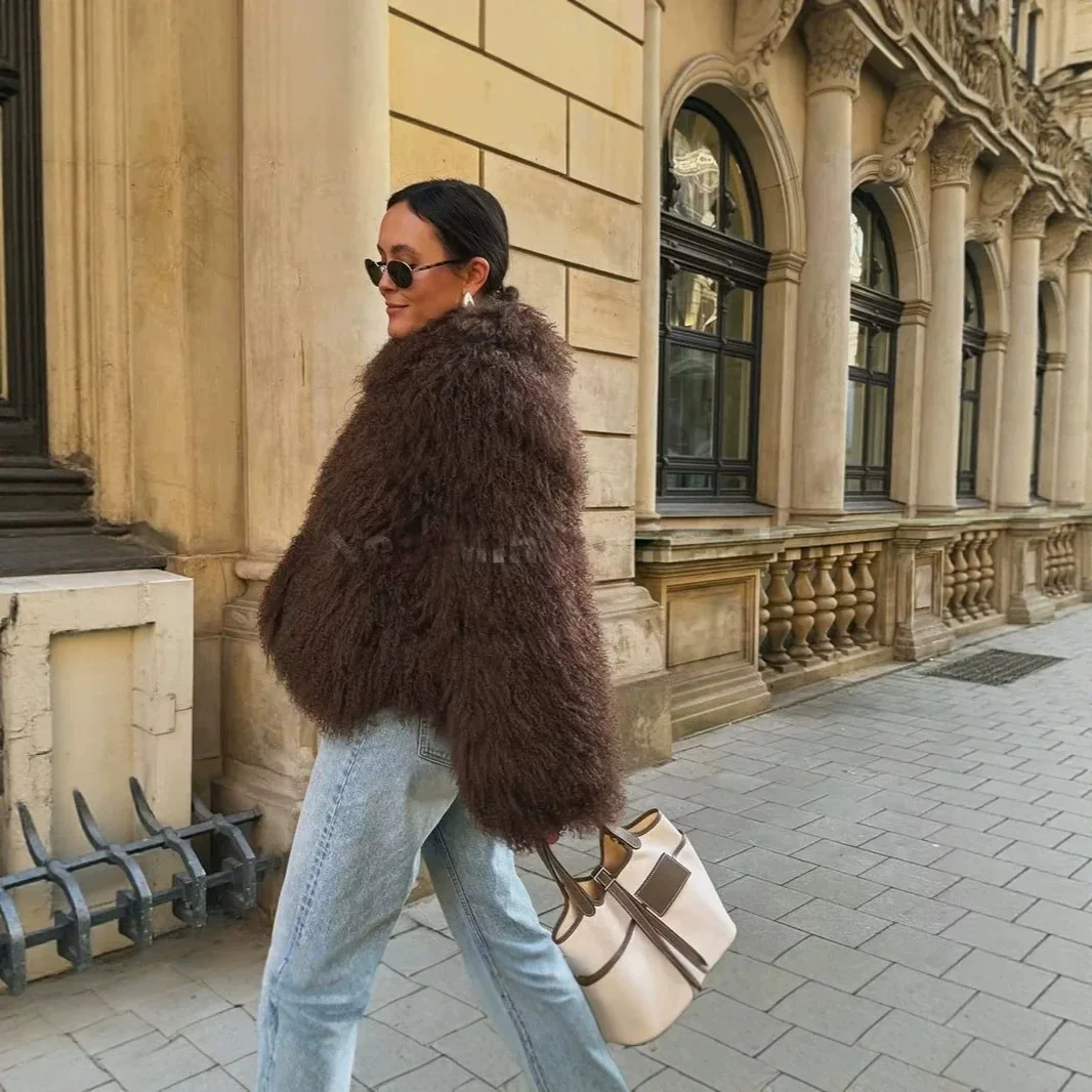 KIDCRKJ Winter New Trend Brown Faux Fur Coat Women Chic Autumn Warm Fluffy Sheep Fur Jacket Ladies Big Fur Collar Overcoat