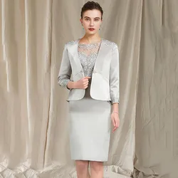 Stunning Lace Mother Of The Bride Dress With Jacket 3/4 Long Sleeve Wedding Guest Gown Knee Length Groom